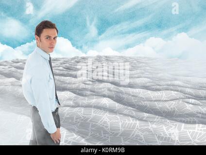 Digital composite of Businessman in sea of documents under sky clouds Stock Photo