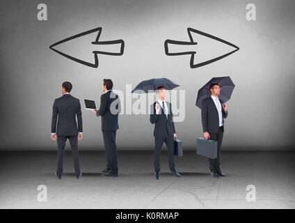 Digital composite of Left and right arrows and Group of Businessmen with umbrellas looking in opposite directions Stock Photo