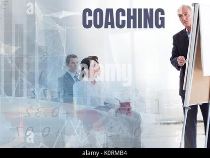 Digital composite of Coaching text and Business economics teacher with class Stock Photo
