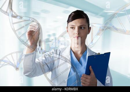 Digital composite of Doctor woman interacting with 3D DNA strands Stock Photo