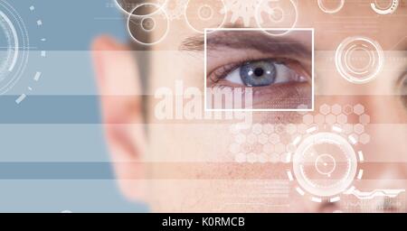 Digital composite of man with eye focus box detail and lines interface Stock Photo