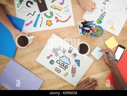 Digital composite of Table top meeting with web graphics Stock Photo