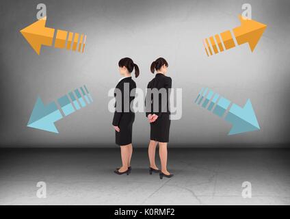 Digital composite of Arrows in different directions with Businesswoman looking in opposite directions Stock Photo