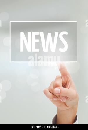 Digital composite of Hand interacting with news business text against white background Stock Photo