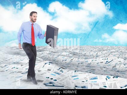 Digital composite of Businessman holding briefcase in sea of documents under sky clouds Stock Photo