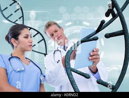 Digital composite of Doctors with 3D DNA strands Stock Photo