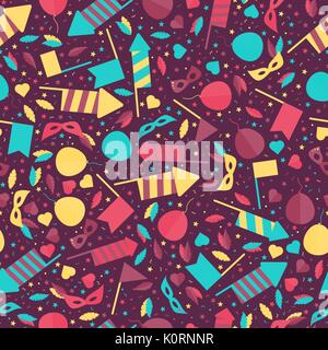 Happy Carnival Festive Seamless Pattern with Mask Firework Rocket Stars and Confetti Stock Vector