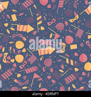 Happy Carnival Festive Seamless Pattern with Mask Firework Rocket Stars and Confetti Stock Vector