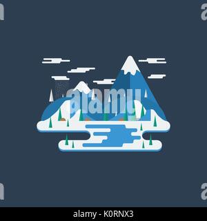 Flat design winter nature landscape illustration with mountains, hills and clouds. Stock Vector