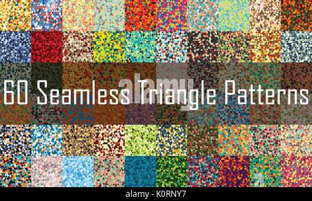 Set Of Sixty Seamless Patterns With Perfectly Contacting Triangles with Different Colors. Stock Vector