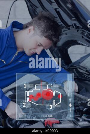 Digital composite of Car interface against man repairing a car Stock Photo