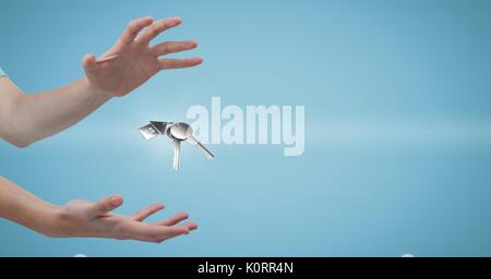 Digital composite of Business woman holding keys Stock Photo