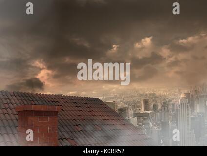 Digital composite of Roof with chimney and city under clouds Stock Photo