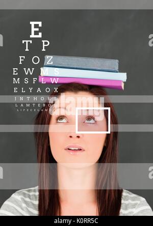 Digital composite of Woman with eye focus box detail and lines and Eye test interface and books Stock Photo