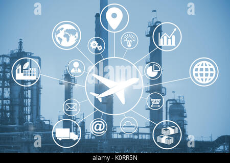 Composite image of airplane amidst various icons against factory and industry Stock Photo