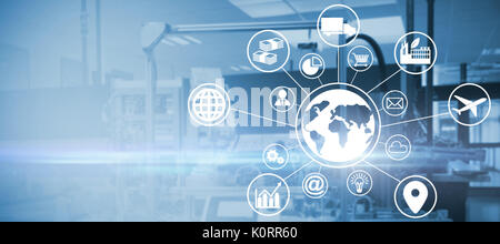 Digital composite image of globe amidst various icons against image of machinery Stock Photo