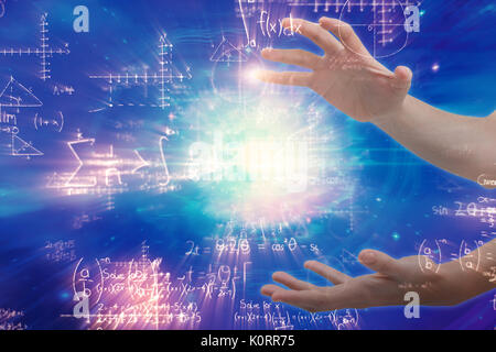 Hands gesturing against white background against illustration of mathematical problems with solution Stock Photo