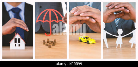 hand protecting a family in paper against businessman protecting house model with hands Stock Photo