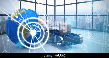 3D image of planet Earth by cardboard box on production line  against binary codes and lines Stock Photo