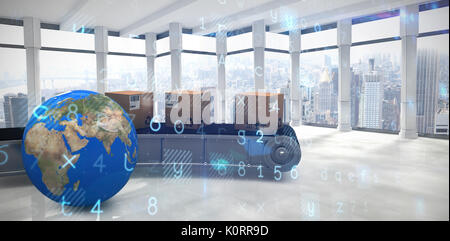 Virus background against modern room overlooking city Stock Photo