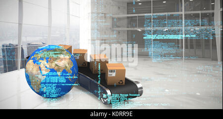 Image of data against modern room overlooking city Stock Photo