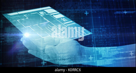 Cropped hand of woman offering against blue matrix and codes Stock Photo