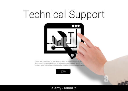 Businesswoman pointing against tool with technical support text Stock Photo