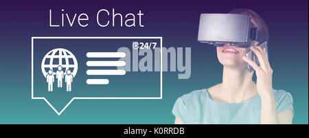 Happy woman talking on mobile phone while using virtual reality headset against turquoise and purple background Stock Photo