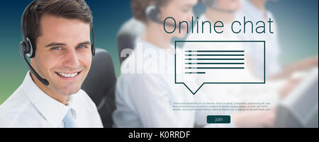 Business people with headsets using computers  against green and blue background Stock Photo