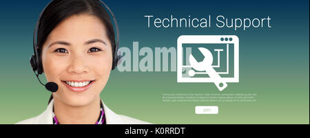 Attractive female engineer smiling at the camera  against green and blue background Stock Photo