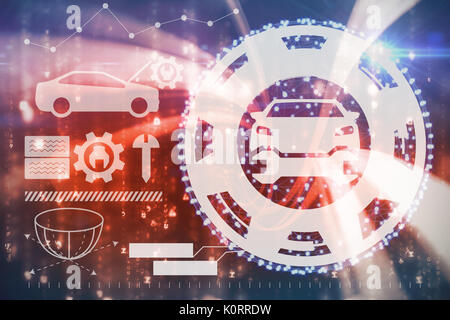 Graphic image of tools and car against computer screen with wallpaper Stock Photo