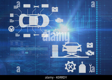 Digital composite image of cars and tools against blue data Stock Photo