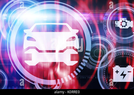 Graphic image of car and tools against computer screen showing bright wallpaper Stock Photo