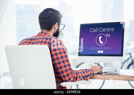 Icons with call centre text against hipster using a computer Stock Photo
