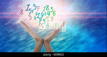 Hands gesturing against white background against digitally composite image of colorful lights Stock Photo
