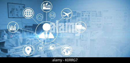 Composite image of human representation amidst various icons against image of technology Stock Photo
