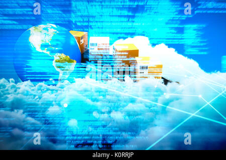 Digital composite image of conveyor belt with boxes by globe against low angle view of white clouds against sky Stock Photo