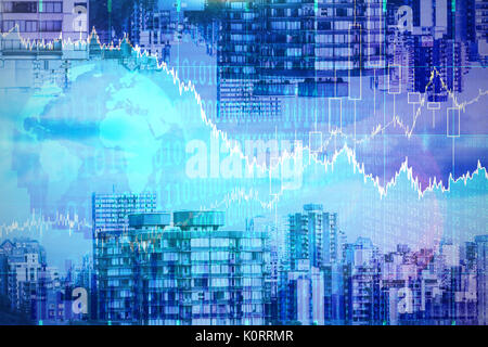 Stocks and shares against trees by buildings in city Stock Photo