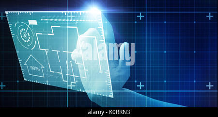 Close-up of cropped hand on white background against blue matrix Stock Photo