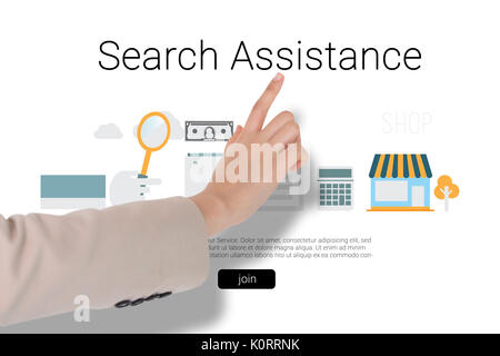Businesswoman pointing against icons with search assistance text Stock Photo