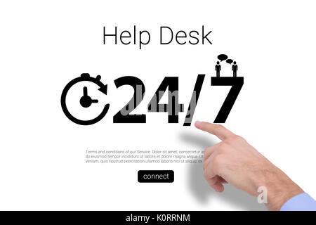 Hand of a businessman pointing something against help desk text with icons and numbers Stock Photo