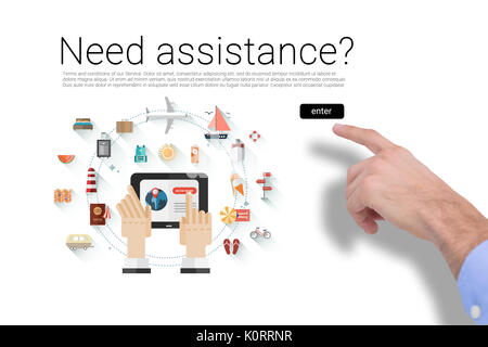 Hand of a businessman pointing something against icons with need assistance text Stock Photo