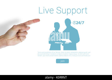 Cropped hand of man pointing against live support text with human representations Stock Photo
