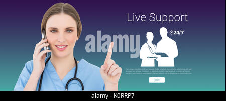 Pretty woman doctor phoning and pointing with her finger against turquoise and purple background Stock Photo