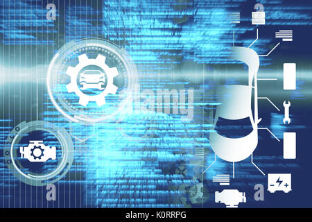 Computer graphic image of car and tools against blue blurred texts Stock Photo