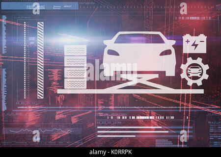 Composite image of car and tools against illustration of virtual data Stock Photo
