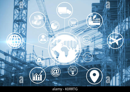 Digital composite image of globe amidst various icons against work in progress in the city Stock Photo