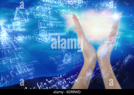 Hands gesturing against white background against digitally composite image of trigonometric equations with diagram and solution Stock Photo