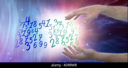 Cropped hands of man gesturing against digitally composite image of colorful lights Stock Photo