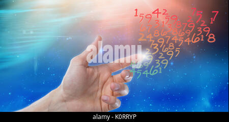 Hand of man pretending to touch an invisible screen against digitally composite image of colorful lights Stock Photo